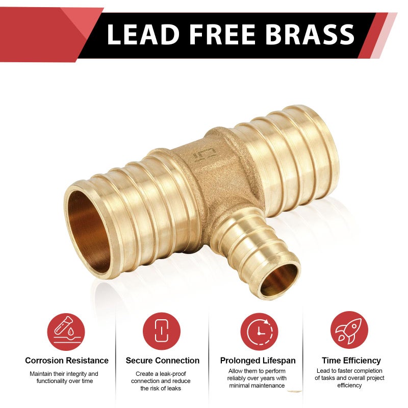EFIELD (Pack of 5) EFIELD 1" x1"x 1/2" Pex Reducing Tee Brass Barb Crimp Fittings For Pex Tubing Connection,(PEX1807086) - Image 5